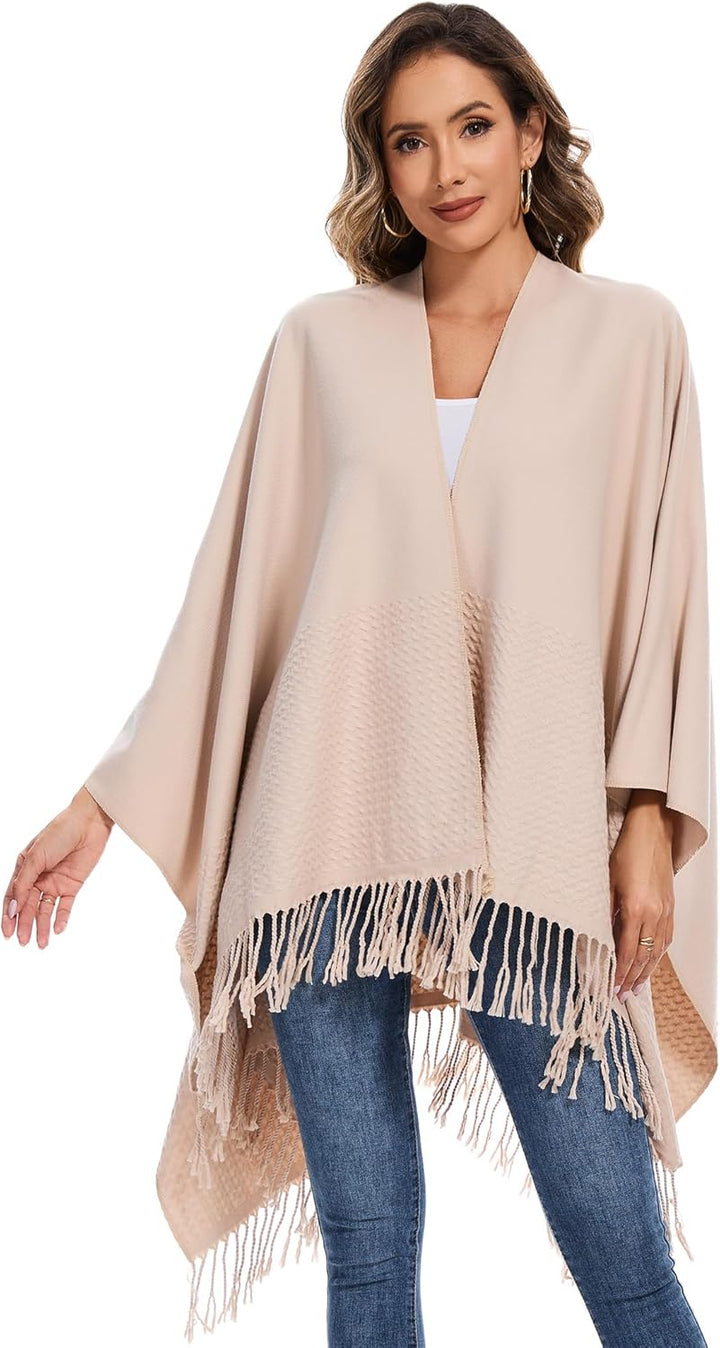 Damen Poncho Schal, Strick Cape Umhang mit Offener Front, Elegante Stola Pashmina Poncho-Decke für F