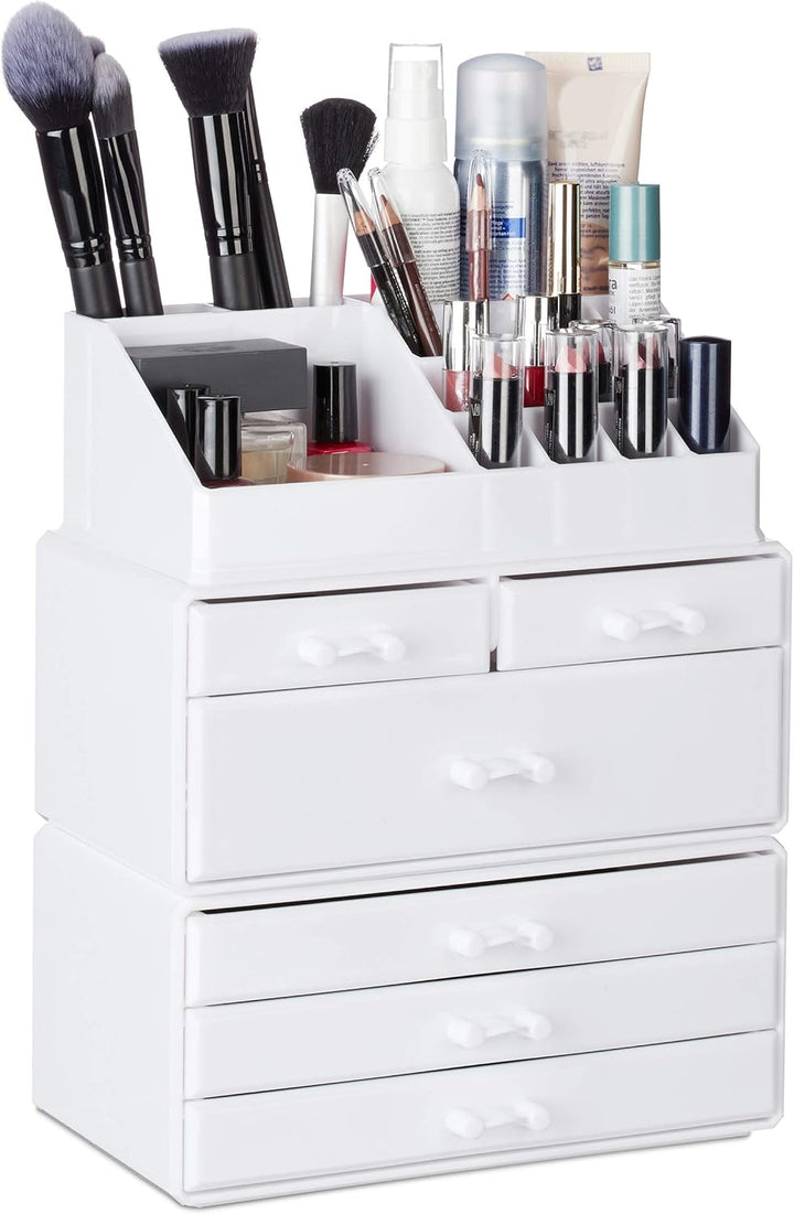 Relaxdays, weiss Kosmetikorganizer mit 6 Schubladen, 22 Fächer Make Up Organizer, Grosse Schmink-Auf