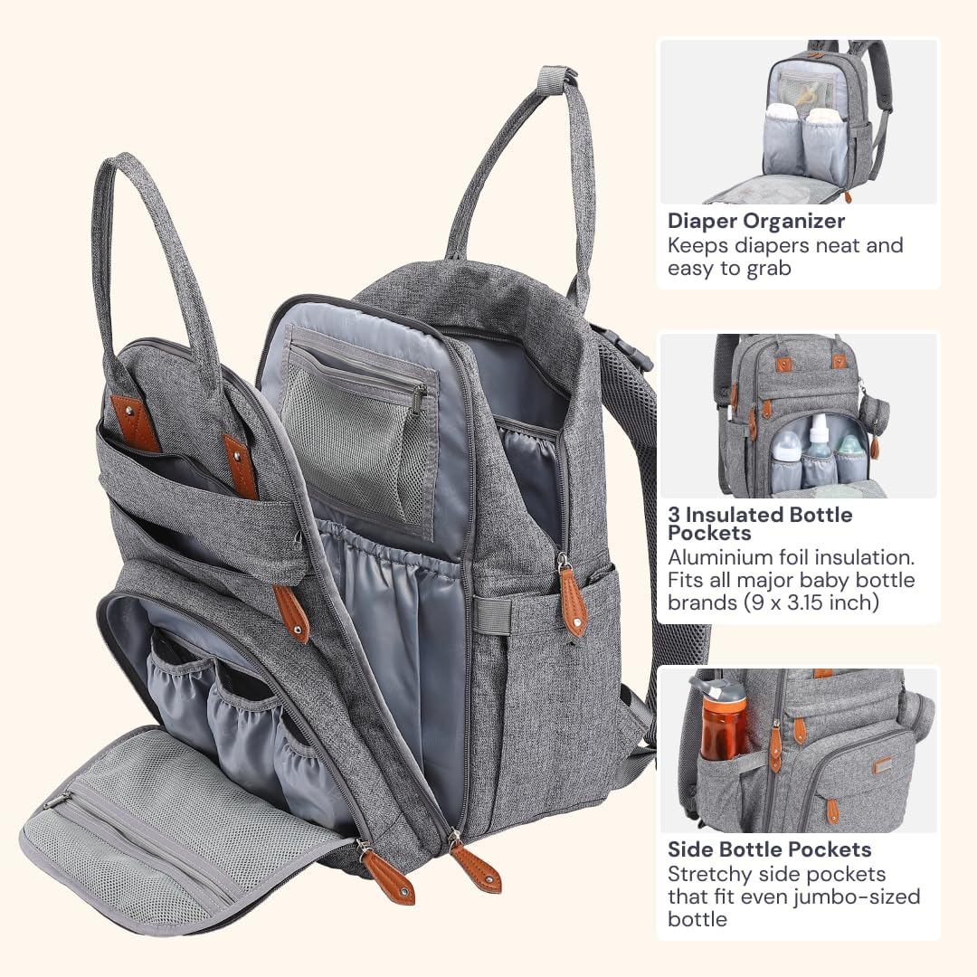 BabbleRoo Baby Wickeltasche/Rucksack, Wickelrucksack lässige Wickeltaschen Grau, Grau