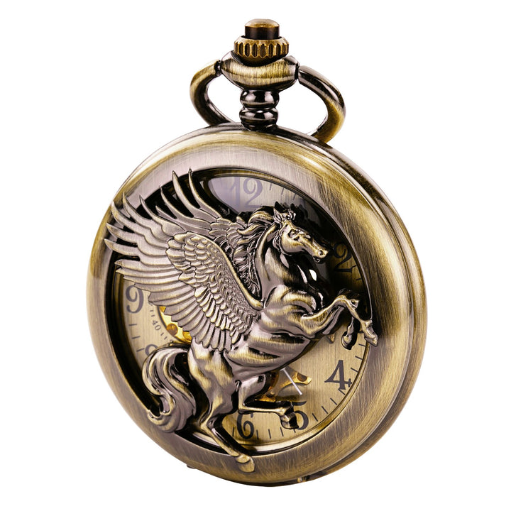 TREEWETO Unisex Taschenuhr mit Kette Analog Handaufzug Retro Pegasos Geflügeltes Pferd Bronze