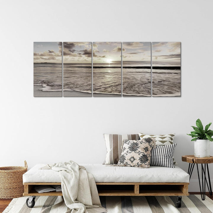 Runa Art Wandbild XXL Sonnenuntergang Strand Schlafzimmer Wohnzimmer 200 x 80 cm Schwarz Weiss 5 Tei