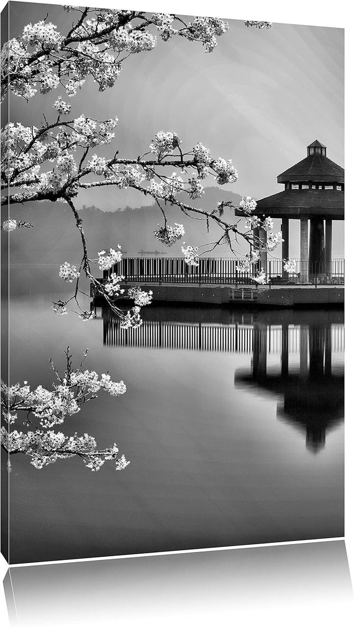 Pixxprint Monocrome, Kirschbaum am Japanischem See, Format: 100x70 auf Leinwand, 100x70