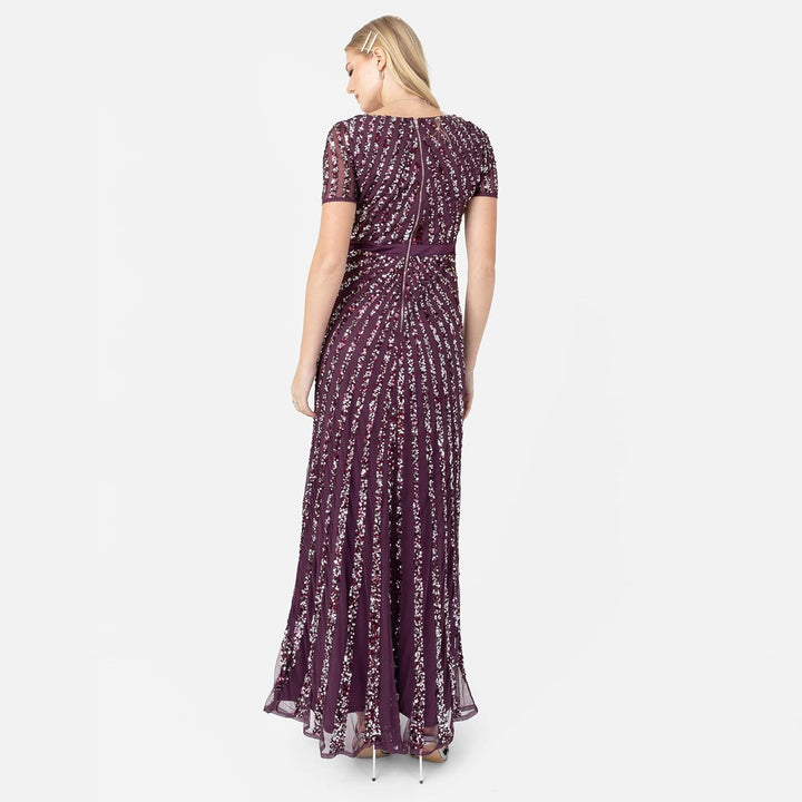 Maya Deluxe Damen Pailletten Maxi Abendkleid Elegant für Hochzeit V-Ausschnitt A-Linien-Schnitt Brau