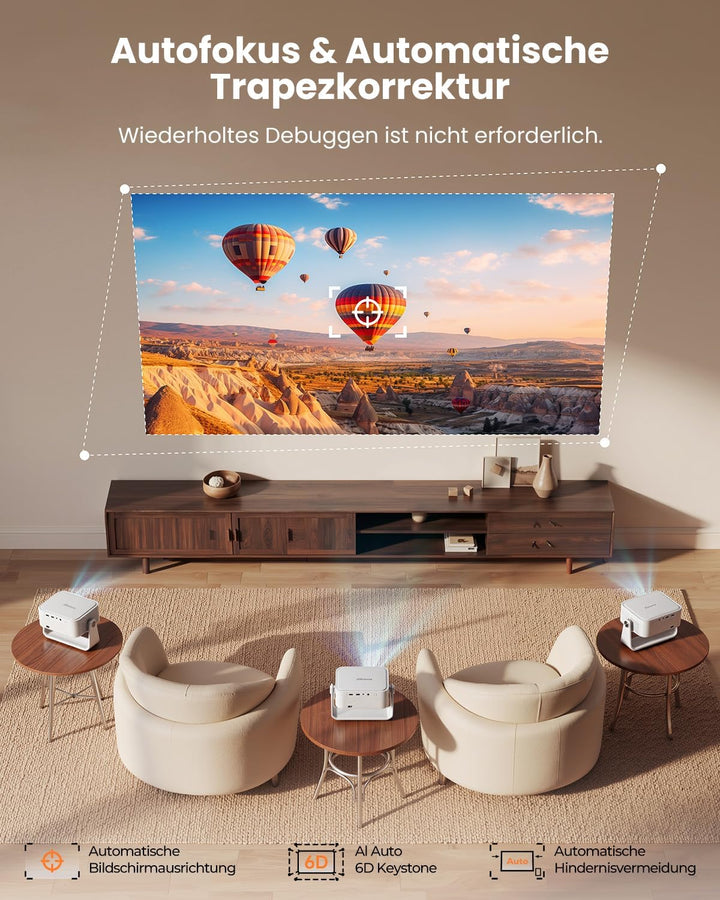 iSinbox 4K Beamer Outdoor mit Netflix, 2x20W Dolby &amp; DTS, HDR10+, WiFi 6 Weissgrau, Weissgrau