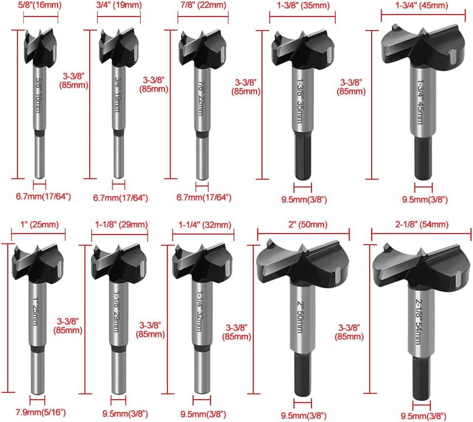 ASNOMY 10tlg Wolframstahl Forstnerbohrer, 16–54 mm Forstner bohrer Bit mit Zentrierspitz, Holzbohrer