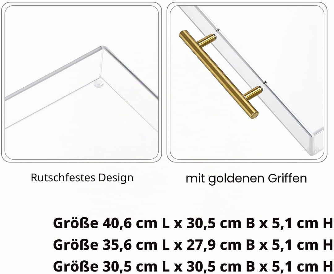 30.5x40.6 cm, transparentes Acryl-Serviertablett mit goldenen Griffen, stabiles, grosses Fassungsver