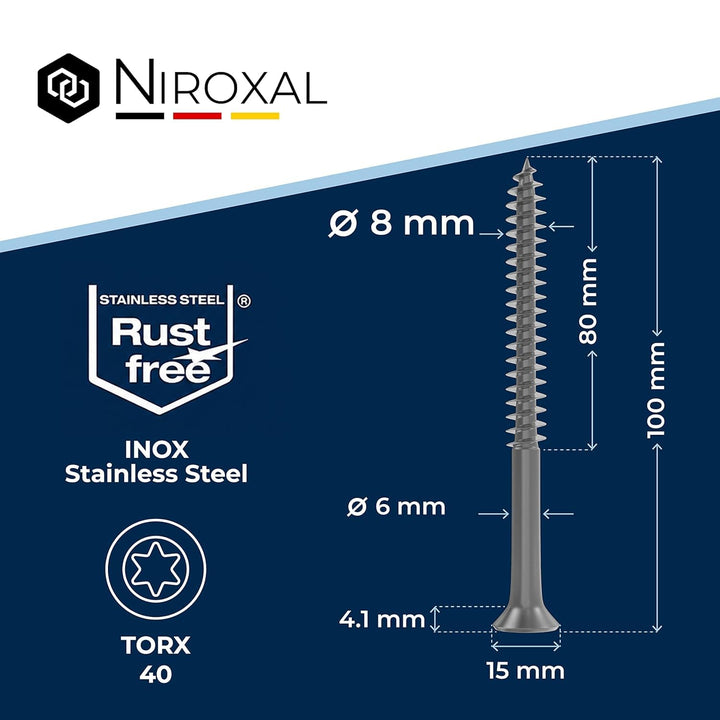 Edelstahlschrauben Torx Holzschrauben 8x100 Edelstahl V2A rostfrei Spanplattenschrauben für Holz Tei