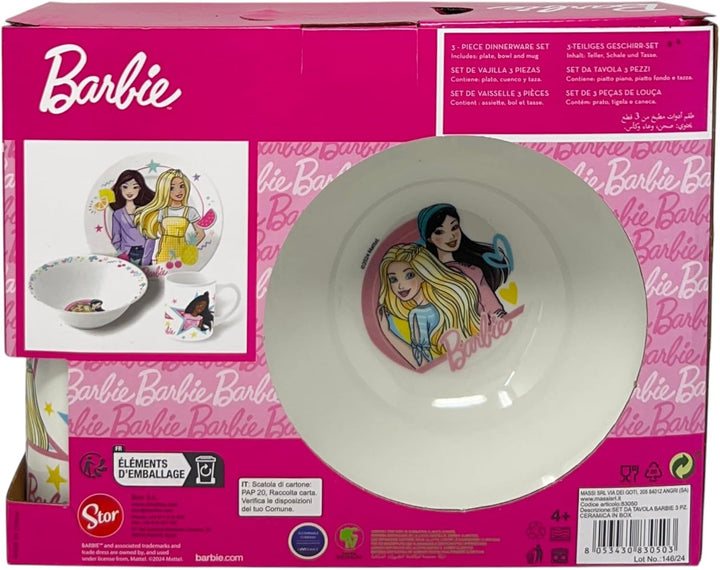 CARTOON Set 3-teilig aus Keramik Barbie Tasse Müslischale Teller Kindergeschirr Tischservice im Set,