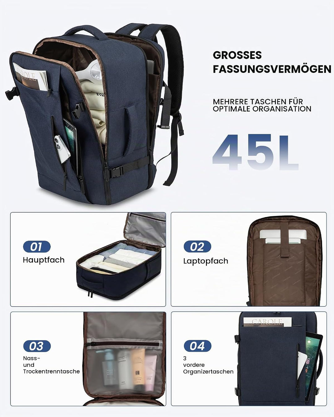 LOVEVOOK 45L Reiserucksack Handgepäck Flugzeug Gross, 18 Zoll Laptop Rucksack Travel Backpack Carry