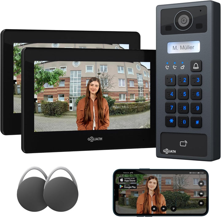 GOLIATH Basic 2-Draht Bus Video-Türsprechanlage, Full-HD, App-Steuerung, 2X 7 Zoll Monitore in Schwa