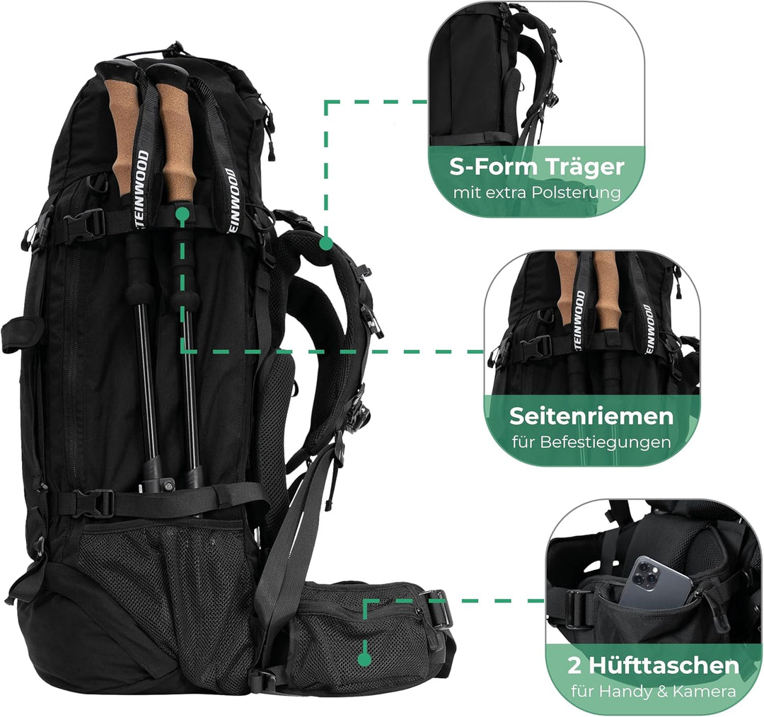Steinwood Trekkingrucksack 70L (neu 2024), Wanderrucksack, Backpacker-Rucksack, Reiserucksack, wasse