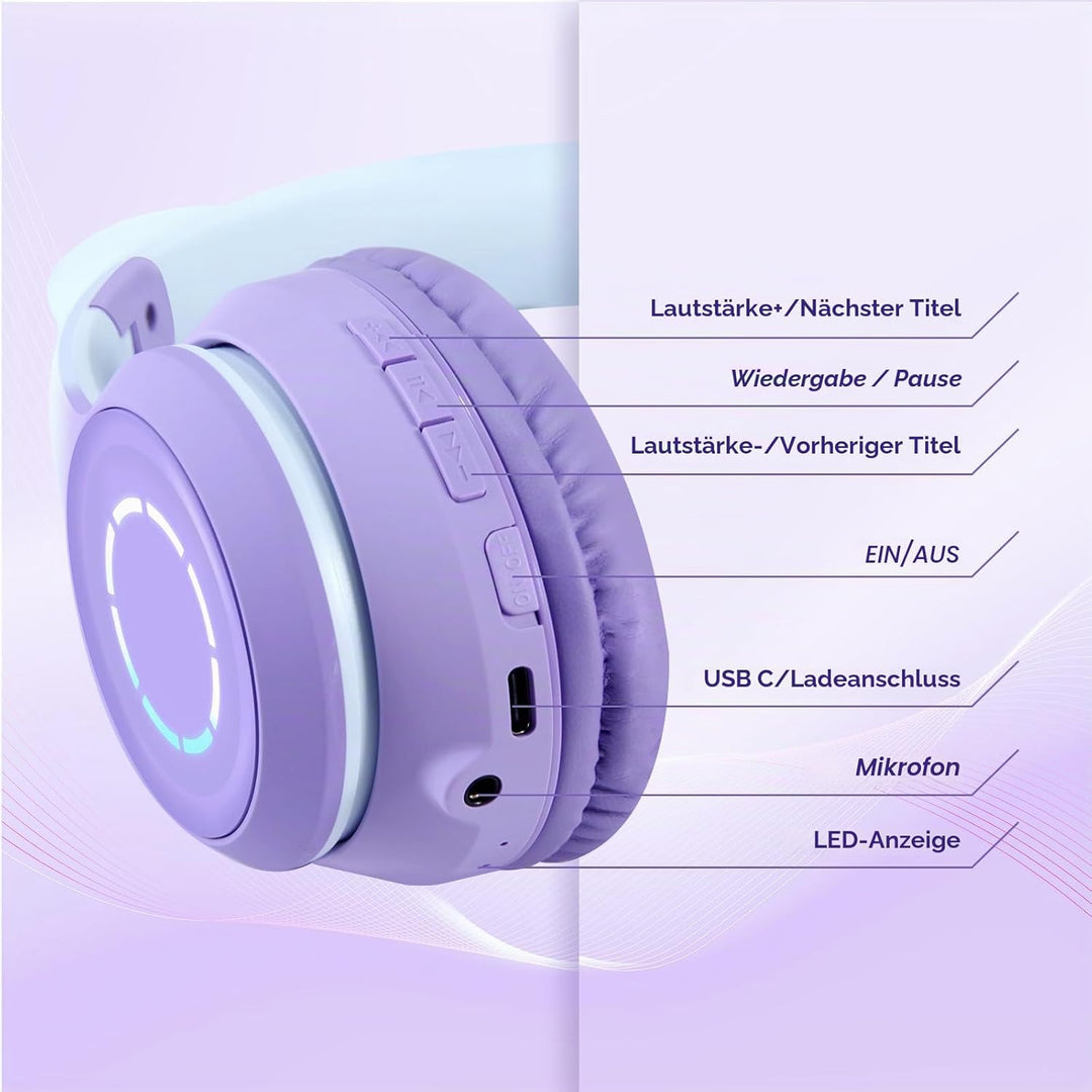 Sendowtek Kinder Kopfhörer, Mädchen Bluetooth Kopfhörer Over Ear Katze Kinderkopfhörer mit Abnehmbar