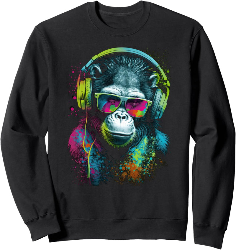 Affe Monkey DJ mit Kopfhörer und Sonnenbrille Disco Sweatshirt