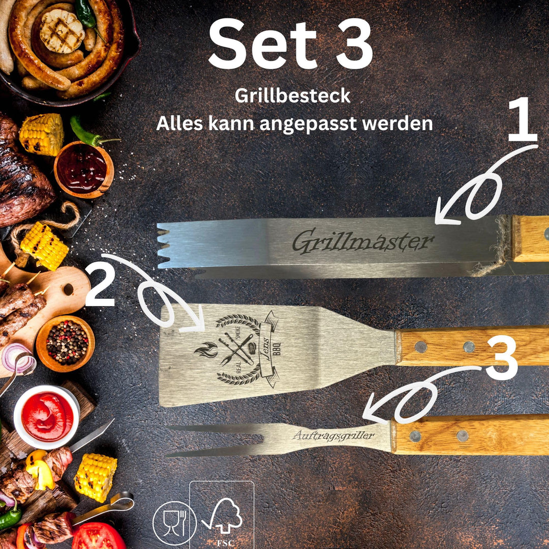 Grill-Set mit Gravur Edelstahl – BBQ Geschenkset OPTIONAL mit Akazienbrett – Grillzubehör für Männer