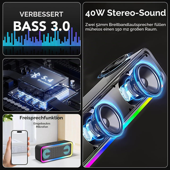 Bluetooth Lautsprecher mit Licht, Musikbox Bluetooth 5.4, 30W Stereo Bass Boost, IPX7 Wasserdicht, 7