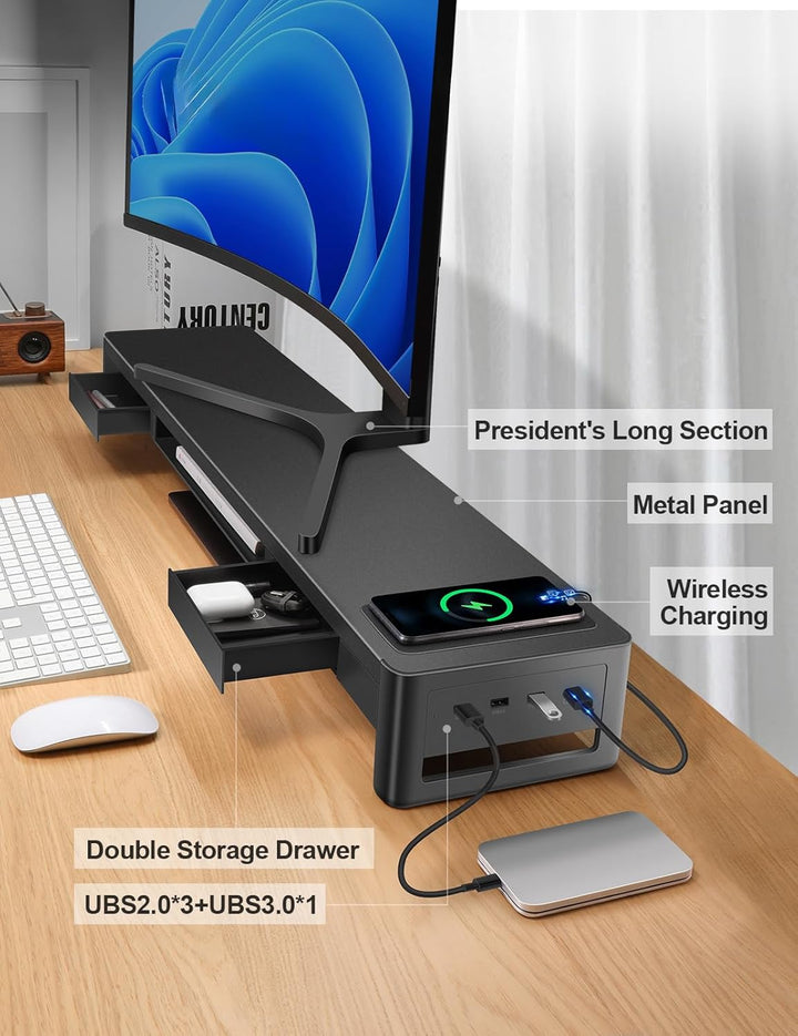 Meatanty 3 in 1 Dual Monitorständer mit 2 Schubladen, 1 kabelloses Lademodul und 4 USB Anschlüssen,