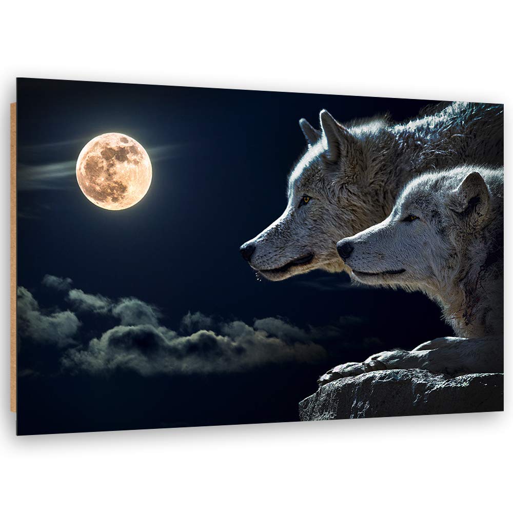 Feeby Dekobild Wölfe Deko Wand Kunstdruck Mond Blau 70x50 cm Deko Paneel 70x50 cm Blau_a, Deko Panee