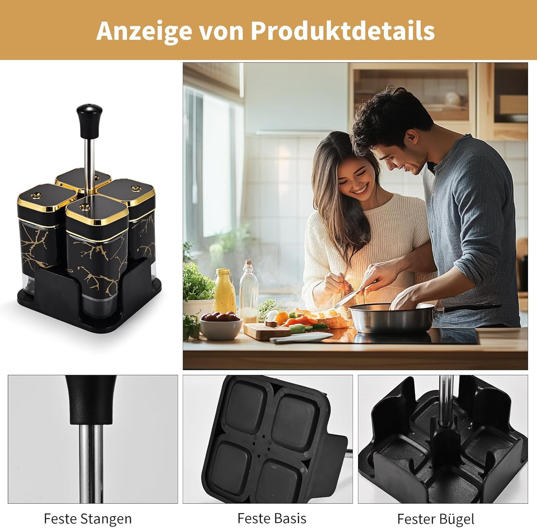 Miorkly Gewürzgläser Eckig - 4er Set mit Sockel,120ML Gewürzstreuer Set mit Schwarz Drehdeckel,Hochw