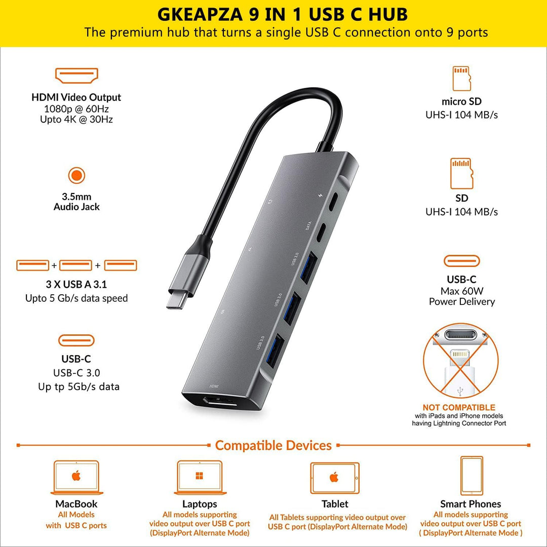 USB C Hub Adapter für iPad Pro MacBook Pro Air M1 M2 2022-2018, 9in1 USB C hub mit 4K HDMI,3.5mm Jac