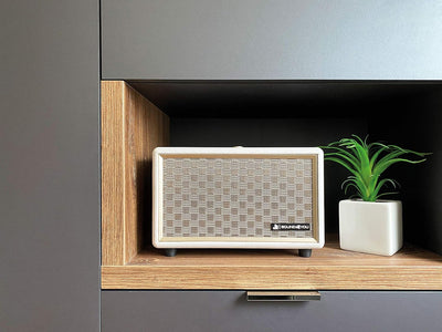 SCHWAIGER 661712 Retro Bluetooth Lautsprecher Vintage Speaker Lederoptik Holzgehäuse Akku HiFi Musik