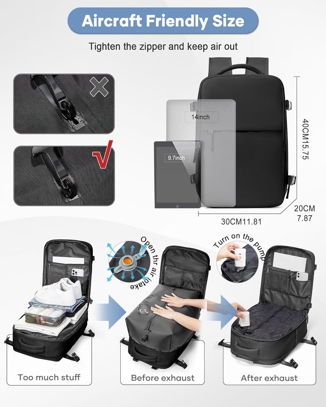 SZLX Vakuum Rucksack Ryanair Handgepäck 40x30x20 Wizzair Reiserucksack Flugzeug für Damen Herren, La
