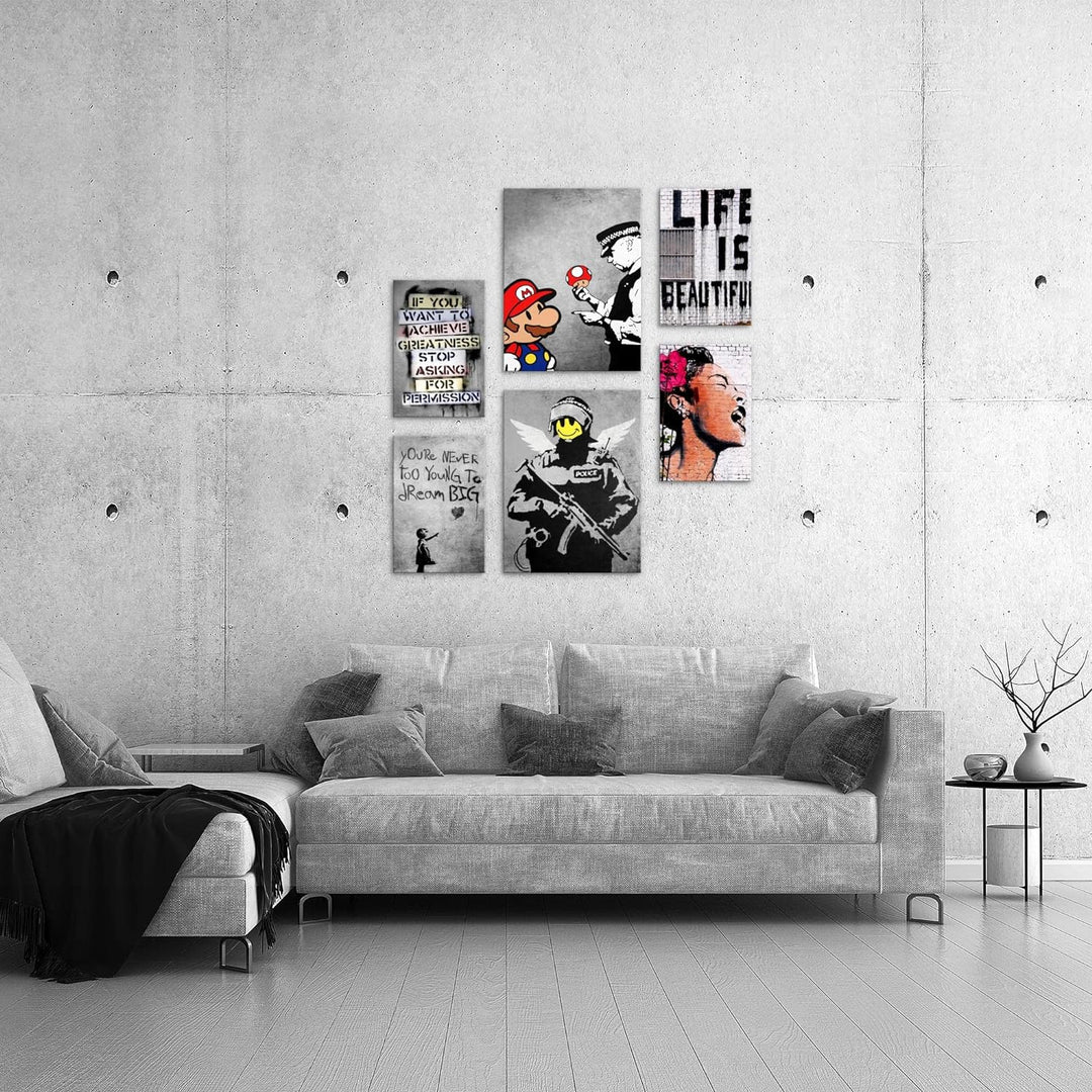 Novart Bilder Set - AUFHÄNGFERTIG - KEIN EXTRA RAHMEN BENÖTIGT - Banksy Collage Modern Street Art -