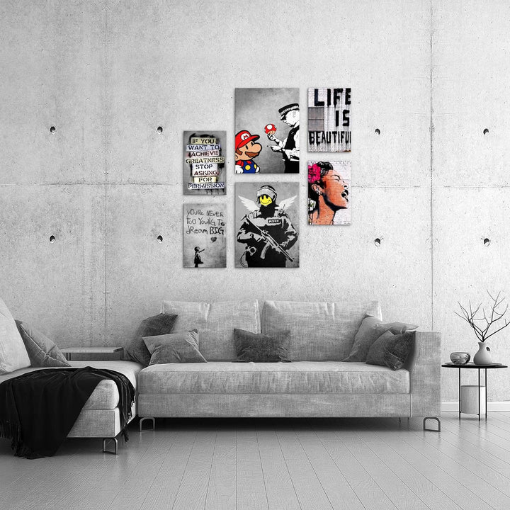 Novart Bilder Set - AUFHÄNGFERTIG - KEIN EXTRA RAHMEN BENÖTIGT - Banksy Collage Modern Street Art -