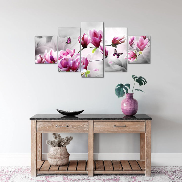 Runa Art Wandbilder Blumen Magnolien 5 Teilig Bild auf Vlies Leinwand Deko Wohnzimmer Schmetterling