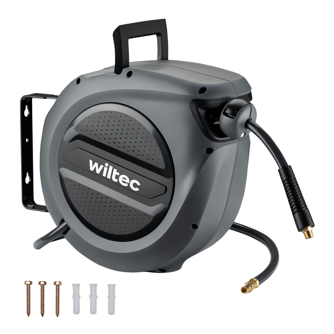 Wiltec Druckluft Schlauchtrommel 15 m, automatische Druckluftschlauchtrommel Stahl, 17 bar Druckluft