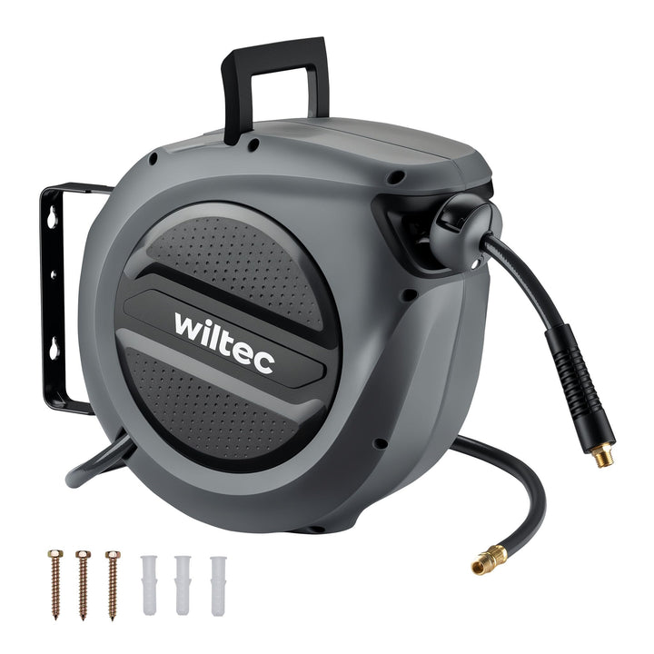 Wiltec Druckluft Schlauchtrommel 15 m, automatische Druckluftschlauchtrommel Stahl, 17 bar Druckluft