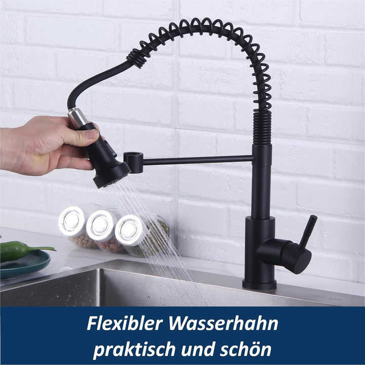 Wasserhahn Küche Schwarz, Hochdruck Küchenarmatur mit Brause Ausziehbar, Hoher Bogen Mischbatterie K