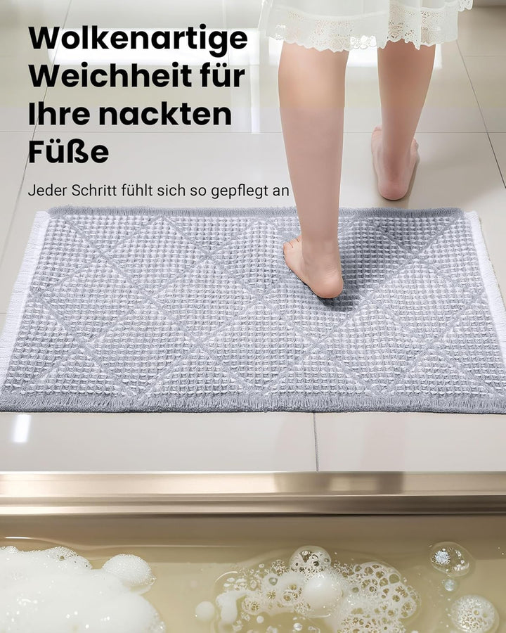 Grosses Badezimmerteppich Set 2 Teilig, Badteppich Rutschfest Waschbar, Badematte Grau, Boho Bathroo