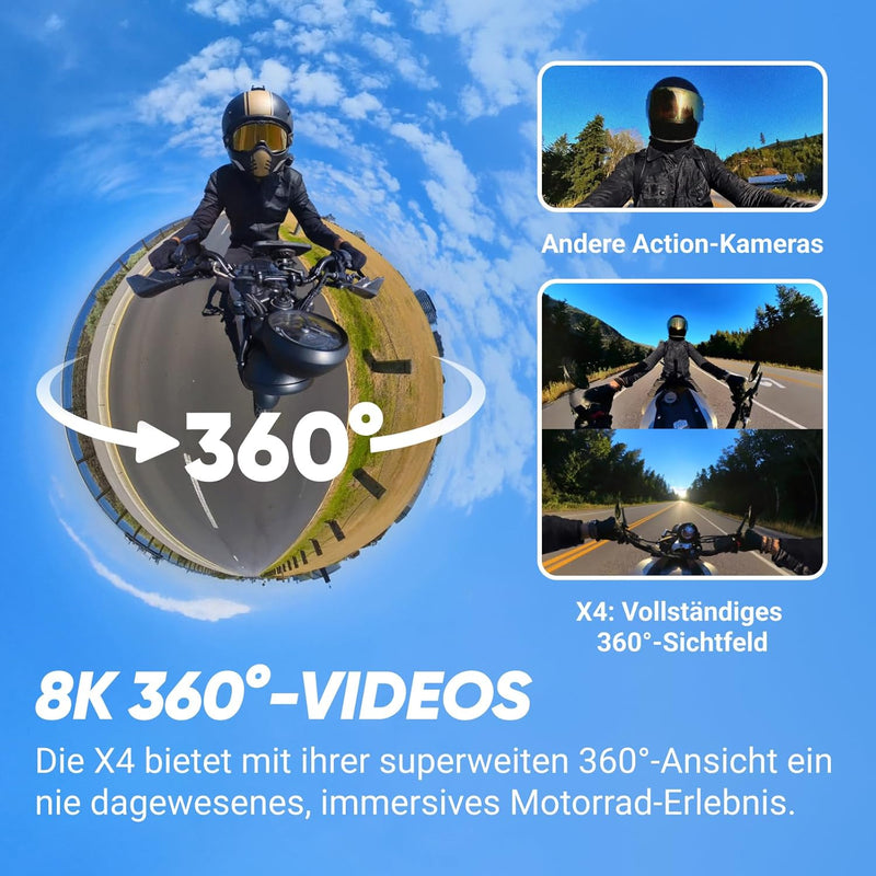 Insta360 X4 Motorradlenker-Bundle - 8K wasserdichte 360 Action Kamera, 4K Weitwinkel-Video, unsichtb