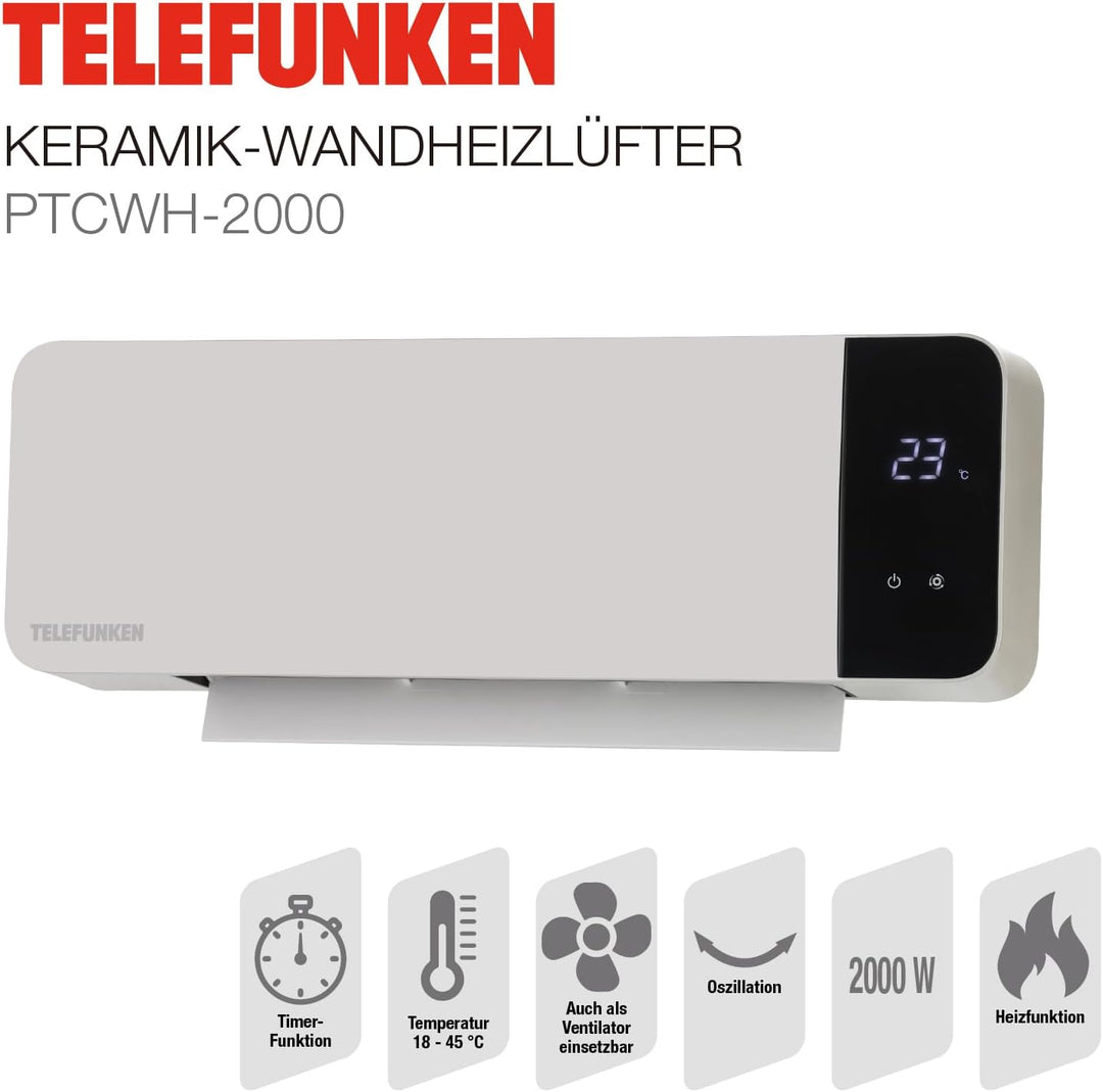 Telefunken Keramik Wandheizlüfter PTCWH-2000W | LED-Display mit digitalem Thermostat & Fernbedienung
