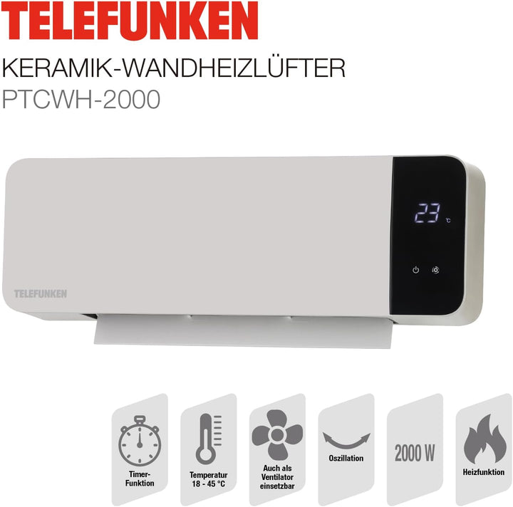 Telefunken Keramik Wandheizlüfter PTCWH-2000W | LED-Display mit digitalem Thermostat & Fernbedienung