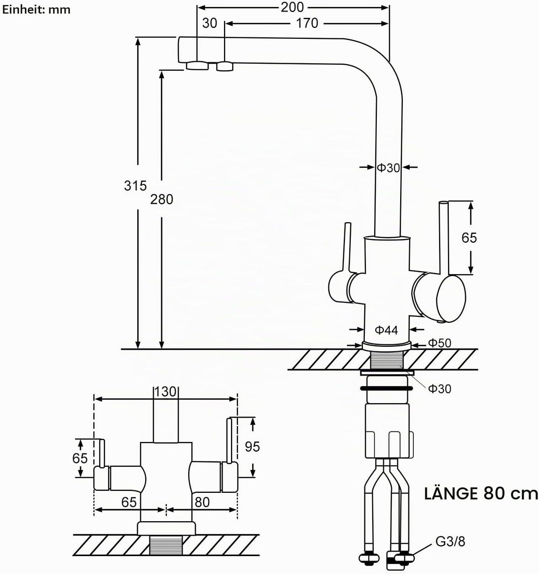 Wasserrhythm 3-Wege-Wasserhahn Küchenarmatur Küche 3 in 1 Mischbatterie Trinkwasserhahn Armatur für