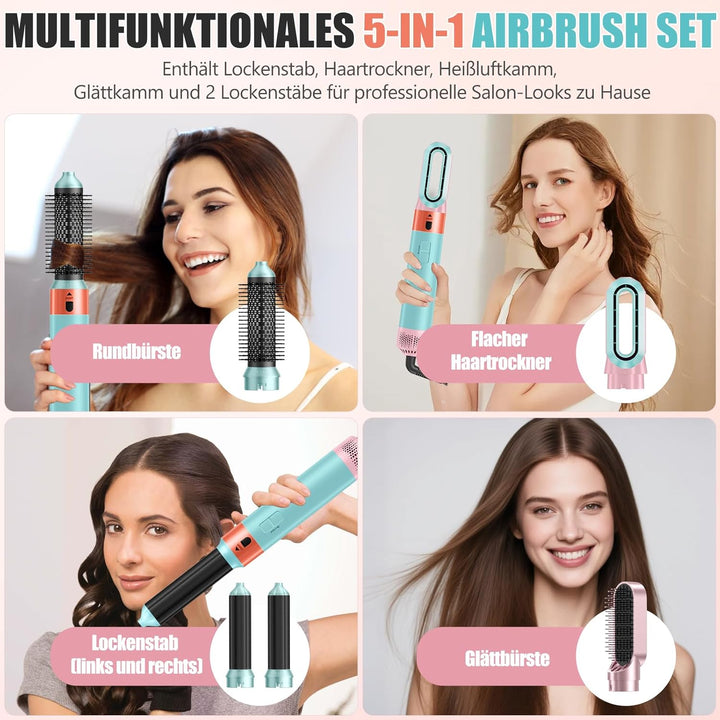 Ionen Föhn 5 in 1, 1000W Multifunktionaler Hairstyler, Lockenstab Automatisch, Professioneller Warml