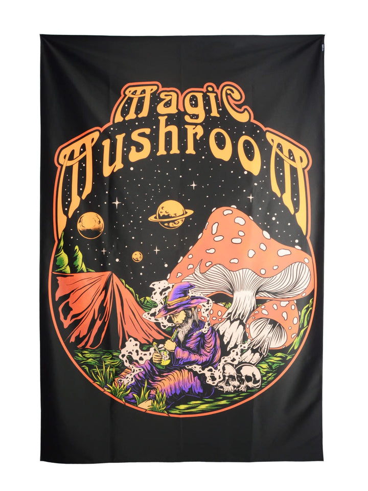 PSYWORK Schwarzlicht Stoffposter Neon | Magic Mushroom Druid | 1,5 x 2,25m | UV-aktiv | fluoresziere