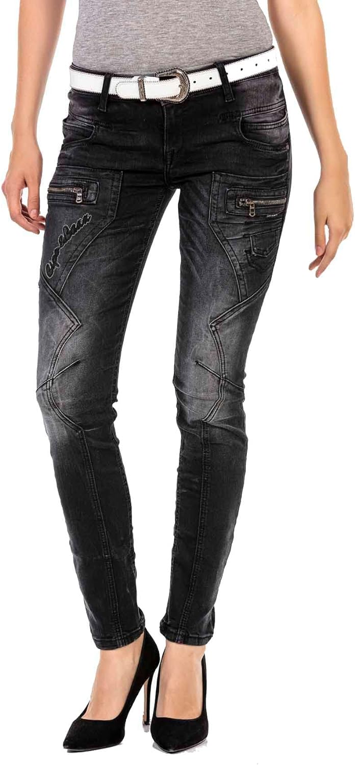Cipo & Baxx Damen Slim Fit Jeanshose Ausgefallen Freizeit Hose Reissverschluss WD437 Schwarz W27 L34