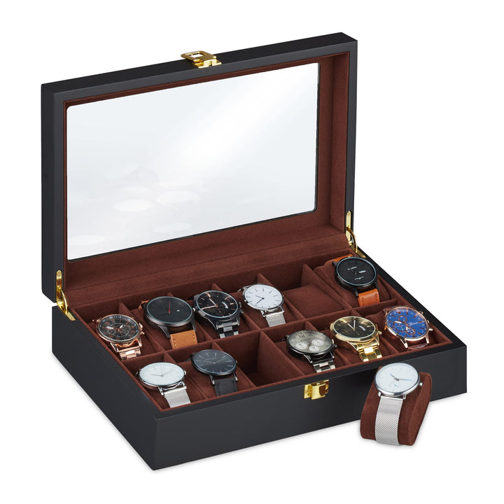 Relaxdays Uhrenbox, 12 Uhren, Samtkissen, Sichtfenster, HxBxT: 8,5 x 31,5 x 21 cm, Uhrenschatulle, M