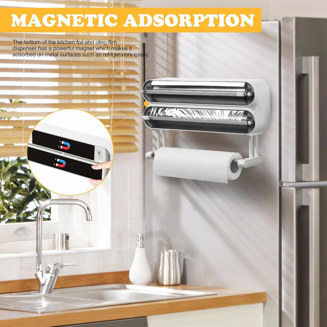 3-in-1 Frischhaltefolienspender mit Küchenrollenhalter - Platzsparender Wandrollenhalter, magnetisch