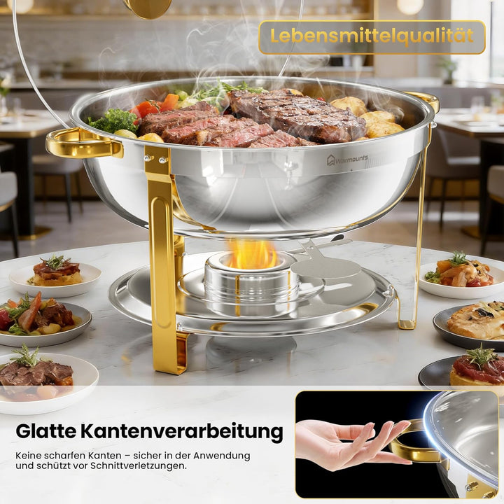 WARMOUNTS Chafing Dish 2er Set 7,5L Gold &amp; Silber, Speisenwärmer Buffet Rund Edelstahl mit Glasdecke