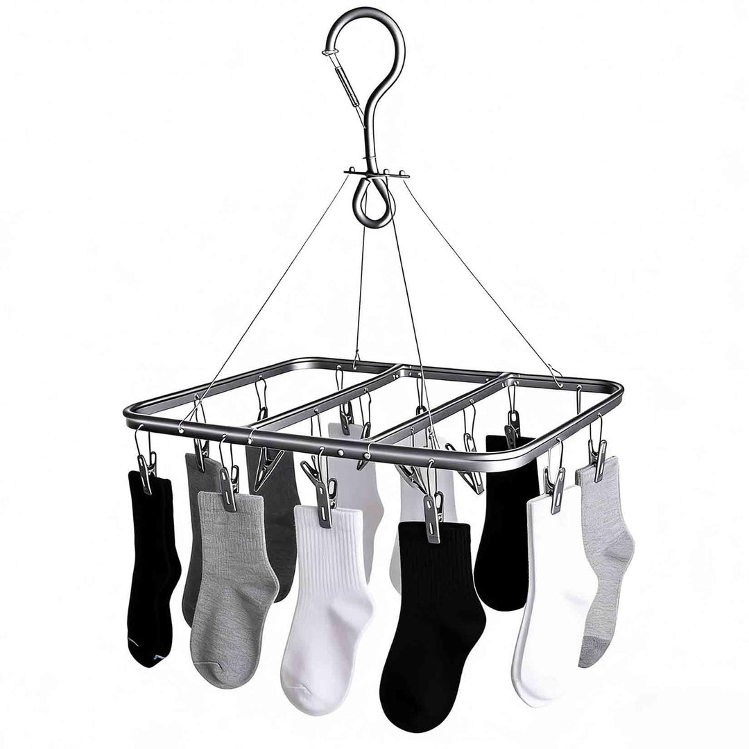 Wäscheständer mit 16 Clips, Faltbarer Sockentrockner aus Aluminium, 360° Drehbarer Hängender Wäsches