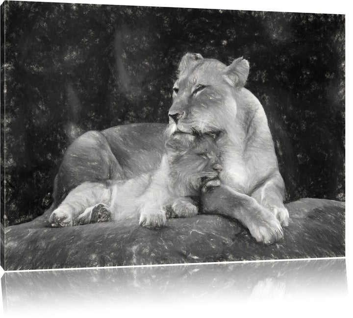 Pixxprint Löwe Löwenjungen / 100x70cm Leinwandbild bespannt auf Holzrahmen/Wandbild Kunstdruck Dekor