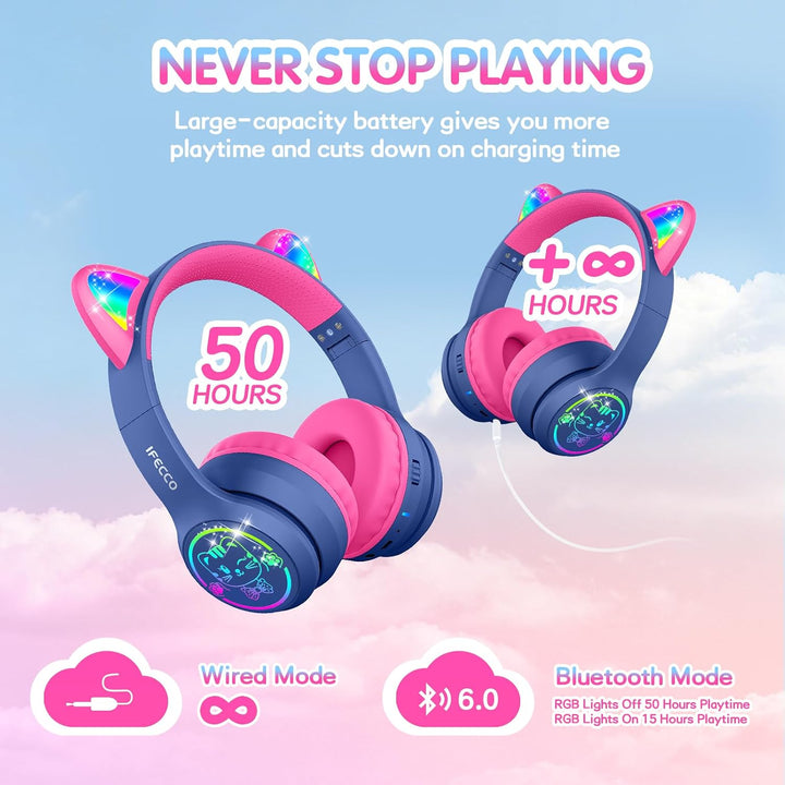 IFECCO Bluetooth Kopfhörer Kinder kabellos mit Aufbewahrungstasche, Kinderkopfhörer Over-Ear mit LED
