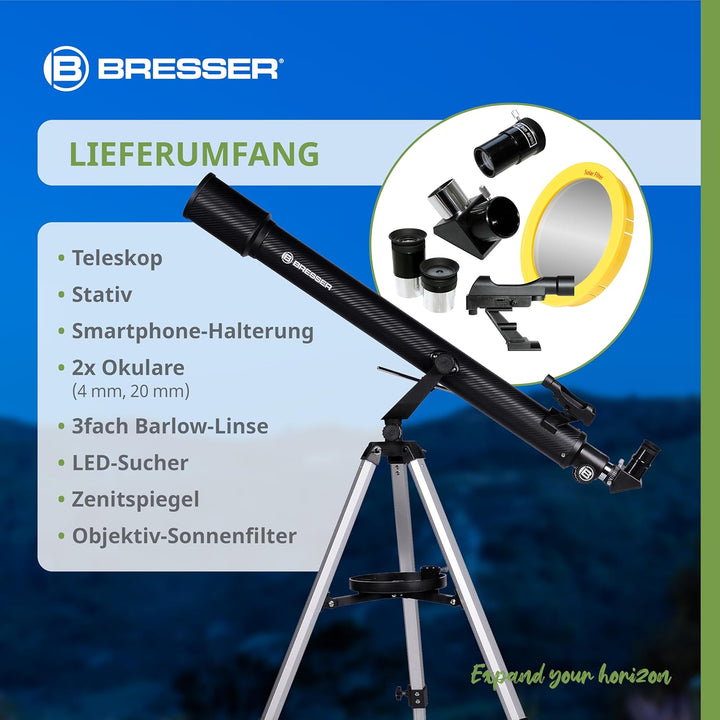 Bresser Einsteiger Linsen-Teleskop Sirius 70/900 AZ mit Smartphone-Adapter, Sonnenfilter, Stativ &amp; Z