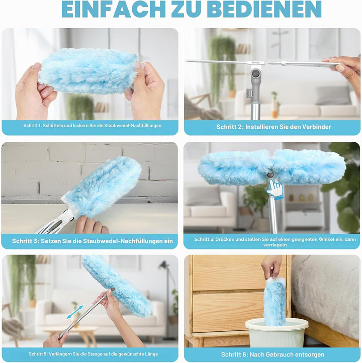 JEHONN Staubwedel Lang Ausziehbar 180 cm, 10 Nachfülltücher für Swiffer Teleskopstange, Robust Doppe