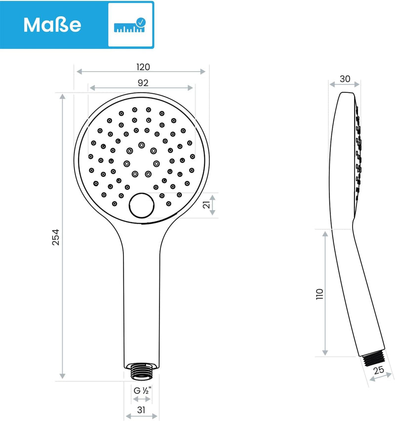 Bächlein Universal Duschbrause - Brausekopf mit 3 Strahlarten, einfach wechselbar durch praktische D