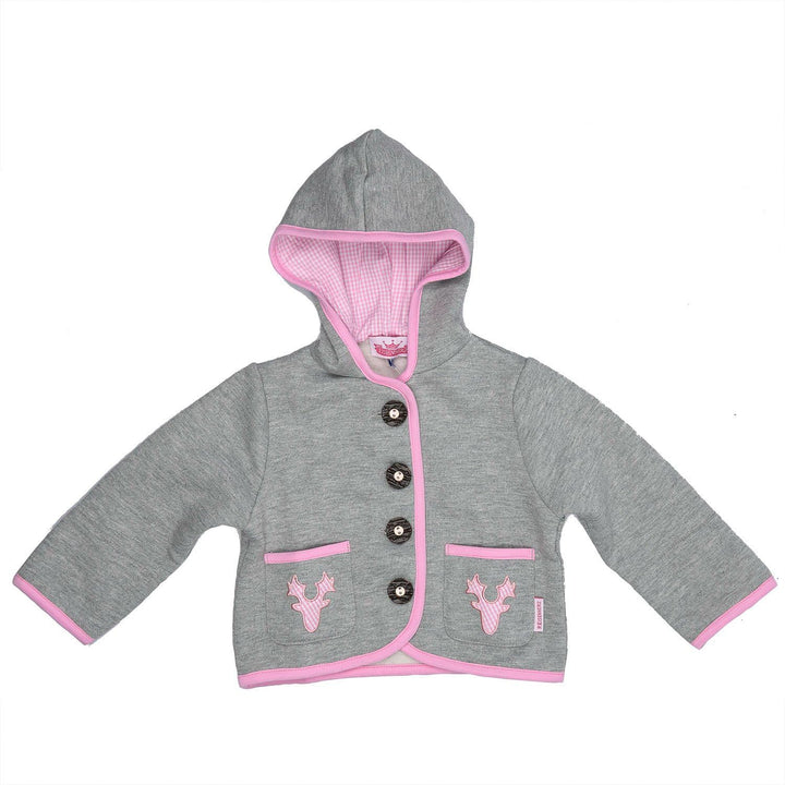 Eisenherz Baby Mädchen Kapuzenjacke Sweatjacke mit Geweih, in grau und rosa - fescher Trachtenlook i