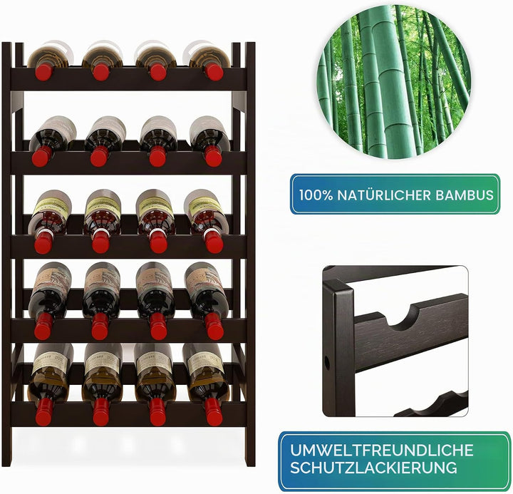 SMIBUY Bambus-Weinregal, 20 Flaschen-Display-Halter, 5-stöckige freistehende Lagerregale für Küche,